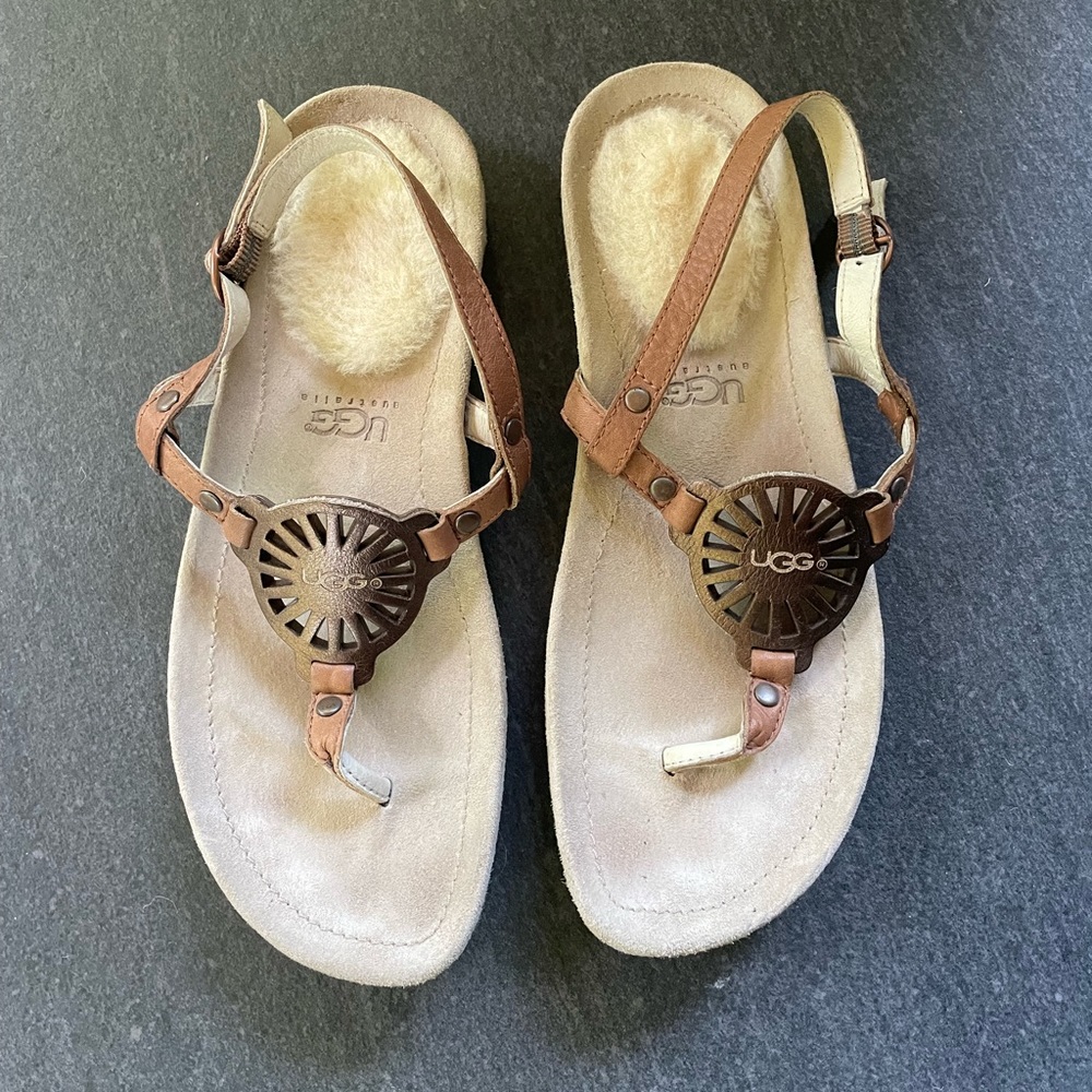 NWOT UGG Halendi Metallic Bronze TStrap Sandal with Shearling Fur Heel Women’s 7